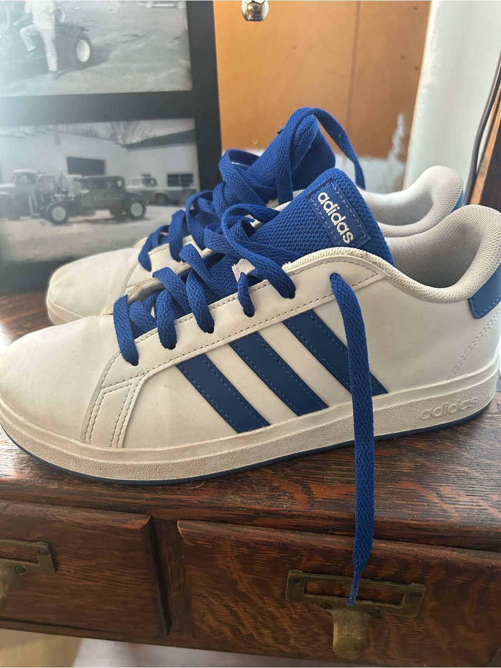 adidas White and Blue Low-Top Sneakers